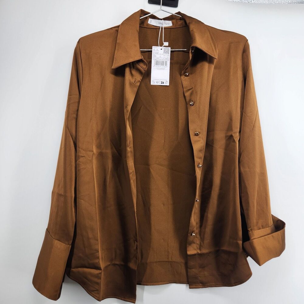 Mango MNG‎ Women's XS Mustard Brown Satin Finish Flowy Shirt NWT